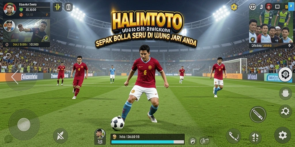 Tampilan gameplay menyerupai pertandingan sepak bola nyata dengan aksi seru.