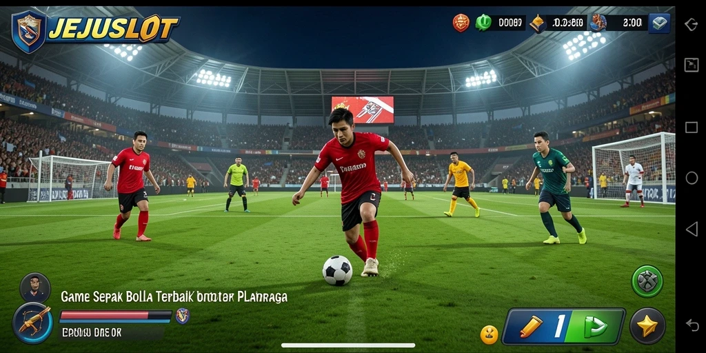 Tampilan gameplay mendebarkan dalam JEJUSLOT yang menunjukkan aksi sepak bola.