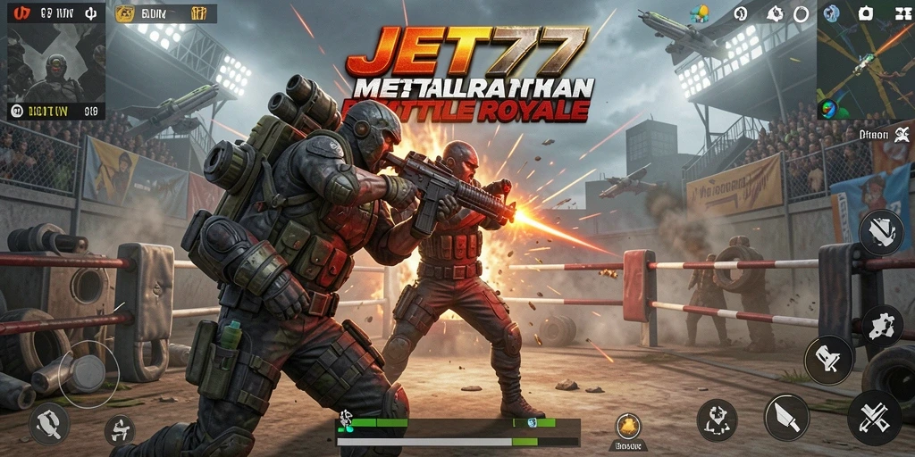 Tangkapan layar utama JET77 menampilkan aksi seru dalam pertarungan Battle Royale.