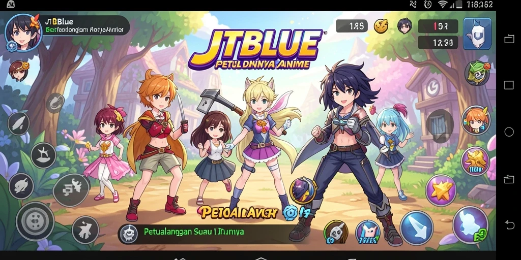 Screenshot utama JTBLUE menunjukkan karakter Anime dalam aksi yang seru.