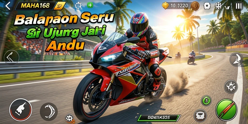 Tampilan seru gameplay balapan motor MAHA168 di lintasan yang menantang.