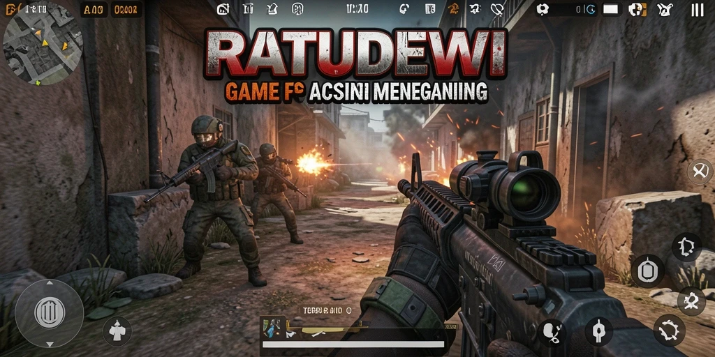 Tangkapan layar menunjukkan aksi intens dalam game FPS RATUDEWI.